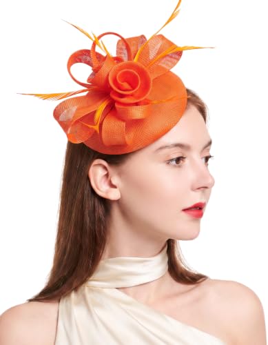 Flower Fascinator Hat Headband Clip for Women Tea Party - color: Orange-02