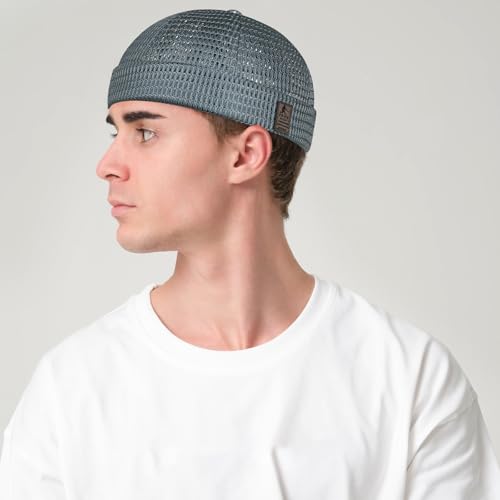 Mens Mesh Brimless Cap with No Brim, Summer Docker Cap Beanie Hat Flip Sailor Skullcap Breathable - color: Grey