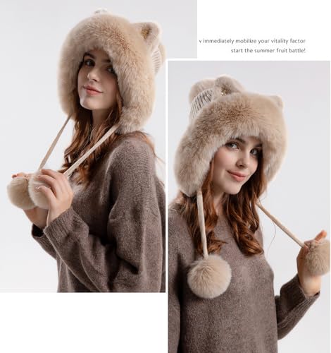 Outdoor Warm Earflap Beanie Hat with Brim Baseball Slouchy Knitted Visor Skull Caps for Women Men Black - color: Beige