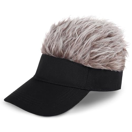 Adjustable Sun Visor Hat with Wig Spiked Hairs Fashion Baseball Golf Cap for Men & Women - color: Black+brown Hair