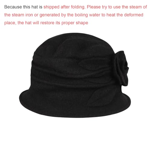 Wool Cloche Bucket Hat for Women 1920s Floral Bowler Cap Elegant Church Dress Cap Winter Warm Fedora Hat - color: Black