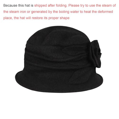 Wool Cloche Bucket Hat for Women 1920s Floral Bowler Cap Elegant Church Dress Cap Winter Warm Fedora Hat - color: Black