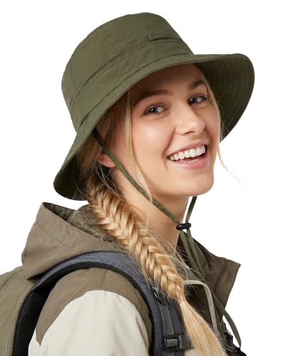 Womens Sun Hat Ponytail Packable UPF 50+ Waterproof Bucket Hat with Ponytail Hole for Beach Hiking Travel - color: Army Green