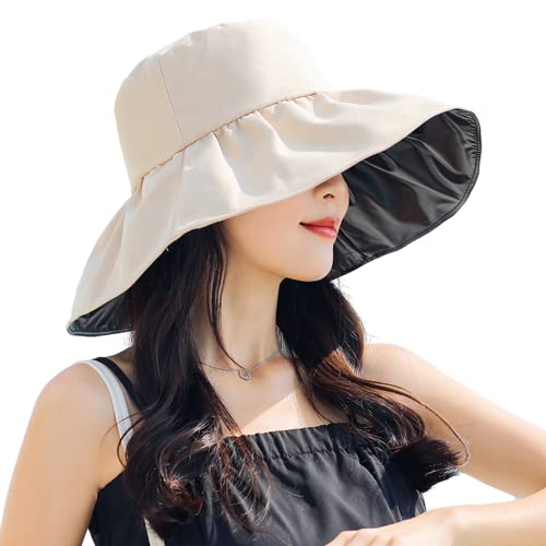 Women Summer Rain UV UPF 50 Sun Protection Wide Brim Hat - Foldable Bucket Sun Hat - color: Beige