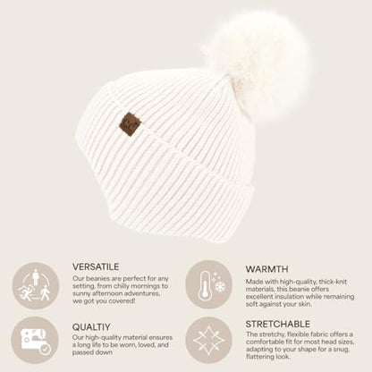 C.C Sequin Pom Beanie for Women - Acrylic Stretchable Soft Warm Knit Winter Skully Hat with Yarn Pom - color: Earflap-ivory