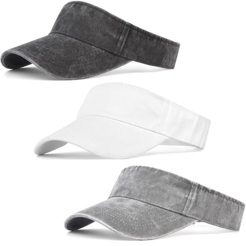 IYEBRAO 3 Pack Sun Visor Hat Sport Vintage Washed Adjustable Cotton Empty Top Ball Caps for Golf Running Tennis for Women&Men - color: Black+white+gray