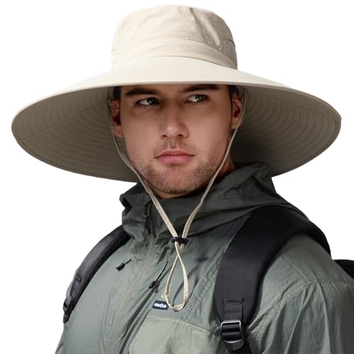 Wide Brim Sun Hat for Men Women UV Protection Bucket Fishing Hats - color: Beige Solid