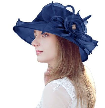Women's Organza Derby Fascinator Hat Cloche Bowler Hat Cocktail Tea Party Wedding Sun Hat - color: B-navyblue