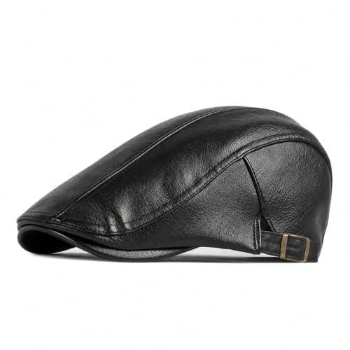 meioro Men's Leather Newsboy Hat Adjustable Flat Cap Classic Golf Newsboy Cap Gatsby Ivy Caps Driving Fishing Beret Hats - color: Black