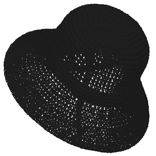 Womens Sun Hat Handmade Crochet Straw Bucket for Summer Foldable Travel Cap - color: Black