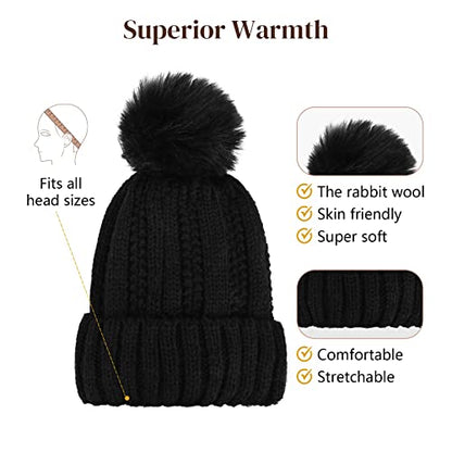 Flufymooz Beanie Wig, Hat Hair Extension Long Wavy Curly Black Hat Wig with Faux Fur Pom, Attached 20 Inch Synthetic Hairpiece for Women Girls Winter （Cool Platinum Blonde - color: Black Hat-cool Blonde, size: 20 Inch