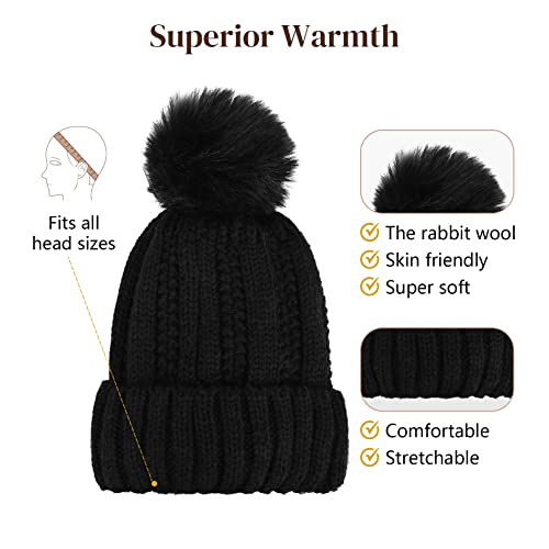 Flufymooz Beanie Wig, Hat Hair Extension Long Wavy Curly Black Hat Wig with Faux Fur Pom, Attached 20 Inch Synthetic Hairpiece for Women Girls Winter (Natural Black) - color: Black Hat-natural Black, size: 20 Inch