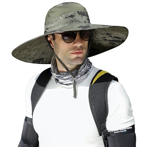Wide Brim Sun Hat for Men Women UV Protection Bucket Fishing Hats - color: Army Green Ink Wash