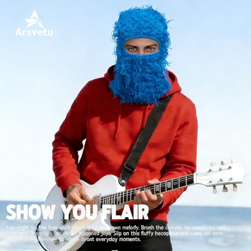 Distressed Ski Mask Balaclava, Yeat Shiesty Knitted Full-Face Mask - color: Blue