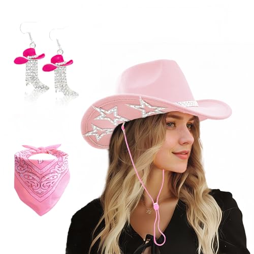 SHENYI Cowgirl Hat and Bandana and Heart Sunglasses Glitter Rhinestone Star Cowboy Hat Western Sparkly Hats for Women Men - color: Cowgirl Pink