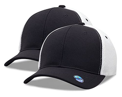 [2 Pack] Hybrid Stretch-Fitted Trucker Cap, Baseball Cap with Air Mesh - color: 2pk Black/White (Air Mesh), size: Large-X-Large