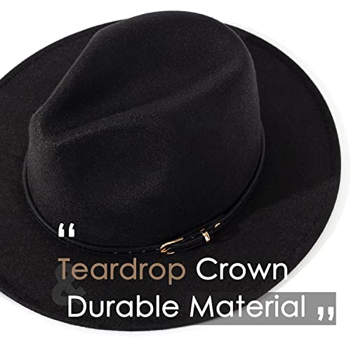 Lisianthus Women Classic Felt Fedora Wide Brim Hat with Belt Buckle - color: Q Black Belt-black