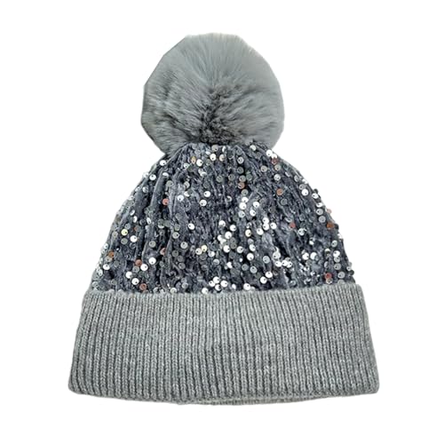 Women Girls Winter Sequin Beanie Hat with Faux Fur Pom Pom Knit Skull Cap - color: Knit-grey