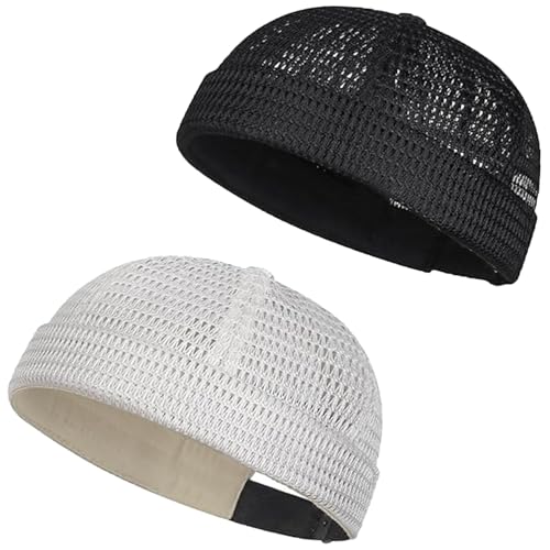 2 Pack Men’s Breathable Brimless Docker Hat,Lightweight Mesh Skull Cap,Hip-Hop Cap Docker Beanie for Summer Outdoor Wear - color: 2 Pcs-a