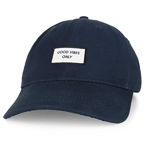 Trendy Apparel Shop Good Vibes Only Woven Patch Cotton Dad Hat - color: Navy