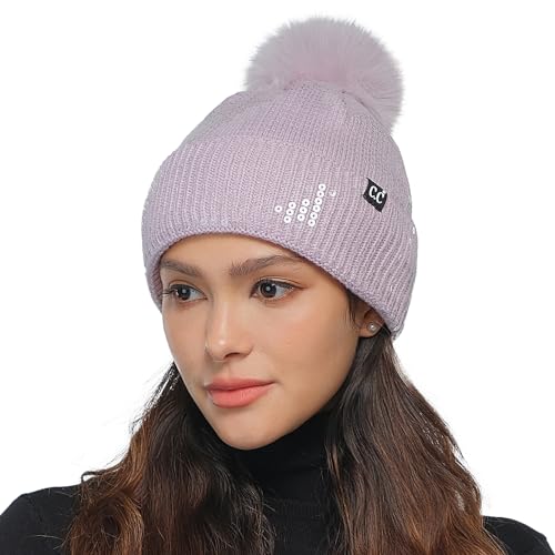 C.C Sequin Pom Beanie for Women - Acrylic Stretchable Soft Warm Knit Winter Skully Hat with Yarn Pom - color: Clear Sequin-lilac