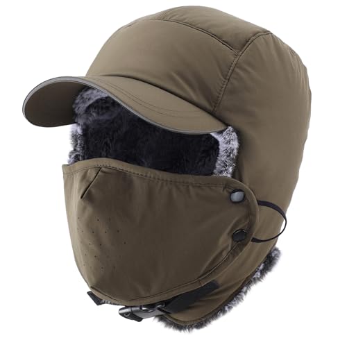Home Prefer Waterproof Mens Faux Fur Trooper Trapper Hat Hunting Warm Winter Hat with Ear Flaps Visor Face Mask - color: Army Green