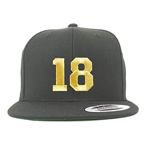 Trendy Apparel Shop Number 18 Gold Thread Flat Bill Snapback Baseball Cap - color: Charcoal