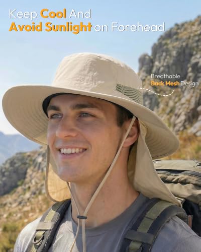 Sun Hats for Men Wide Brim Bucket Hat with Neck Flap for Fishing & Hiking Mens Sun Hat for UV Protection - color: Off-white