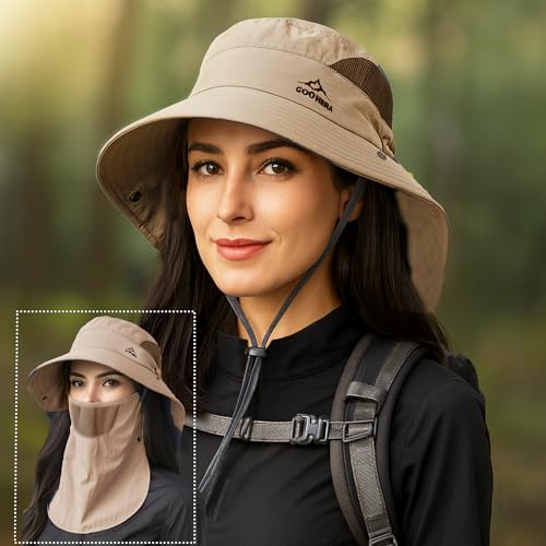 Sun Hat for Men & Women, Breathable Wide Brim Outdoor Fishing Hat with Face Cover & Neck Flap - color: Khaki
