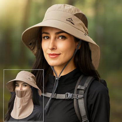 Sun Hat for Men & Women, Breathable Wide Brim Outdoor Fishing Hat with Face Cover & Neck Flap - color: Khaki