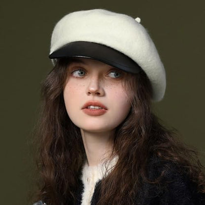 Women Classic Wool Blend Berets Elegant Flat Beret Caps Retro Peaked Cap Hats Autumn Winter Hat Solid Color - color: Beige