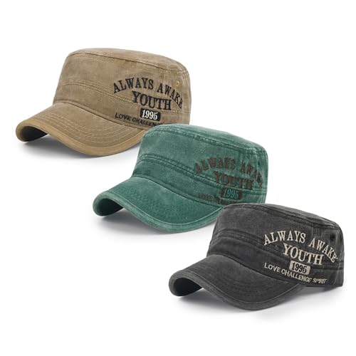 3Pcs Cadet Military Hat Washed Cotton Adjustable Flat Cap for Men