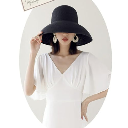 Women Floppy Sun Hat Wide Brim Straw Beach Cap UPF Straw Foldable Sun Hat for Summer - color: Black