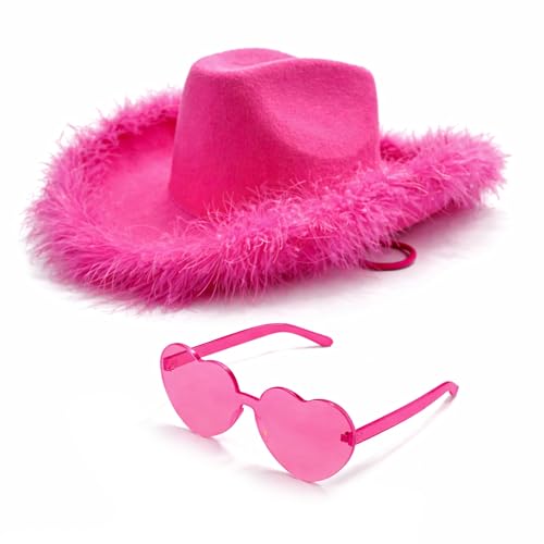 4E's Novelty Cowboy Hat with feathers With Heart Shaped Sunglasses for Women, Felt Cowgirl Hat for Party Costume Dress Up - color: Hot Pink