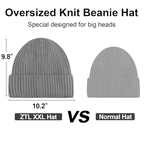 ZTL M/L/XL/XXL Merino Wool Beanie for Men Women, Fleece Lined Large Winter Hat, Big Knitted Cuffed Beanie Ski Skull Cap - color: Grey, size: Medium-Large