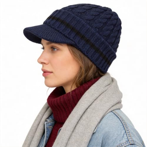 Ruphedy Mens Beanie with Brim Winter Hat Knitted Thick Fleece Visor Beanie - color: B321-navy