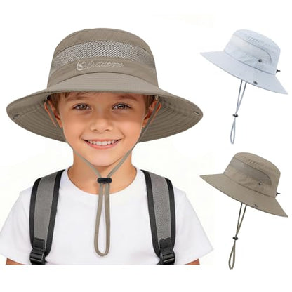 Kids Sun Hat UPF 50+ Safari Bucket Hat for Boys Girls - color: 2 Pack Khaki & Light Grey, size: Medium