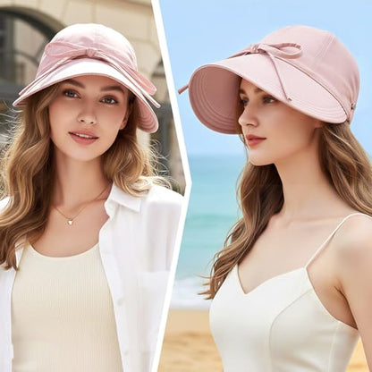 YAMEIZE Womens Bucket Sun Hat Packable Wide Brim Ponytail Beach Hat with Windproof Strap Sun Protection UPF50+ - color: Pink