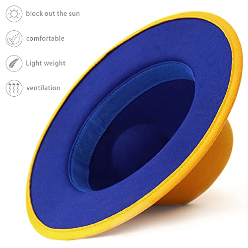 Trendy Fedora Hats for Men & Women Wide Brim Felt Hat Dress Panama Hat Two Tone Fedora - color: A Yellow-blue, size: Medium
