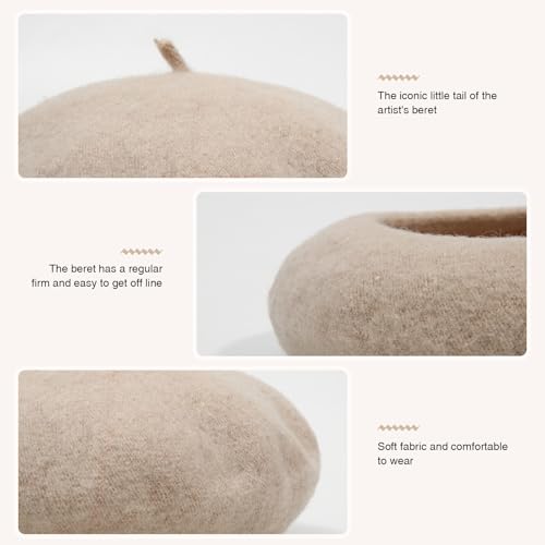 Women French Wool Beret Hats - Solid Color Classic Beanie Winter Cap - color: Beige