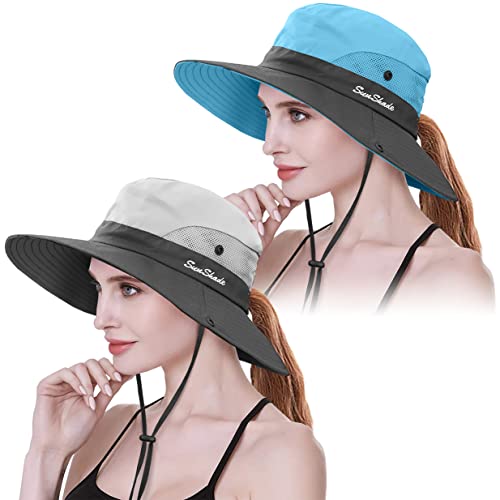 IYEBRAO 2 Pack Womens Ponytail Sun Hat UV Protection Bucket Hats Foldable Wide Brim Summer Boonie Beach Cap Fishing Hiking… - color: Beige & Sky Blue