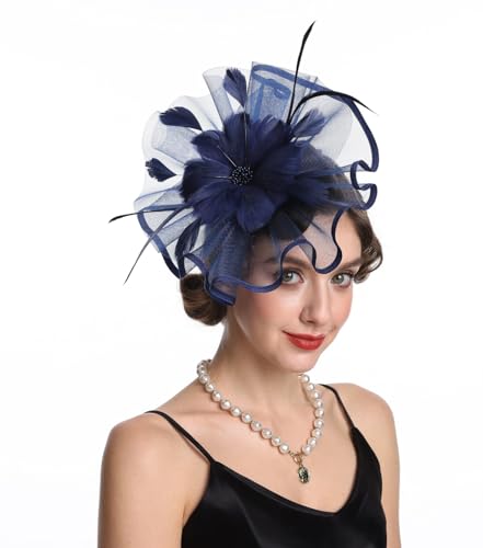 SAFERIN Fascinator for Women Hair Clip Hat Bowler Feather Flower Veil Wedding Party Hat Tea Hat - color: Ta1-navy