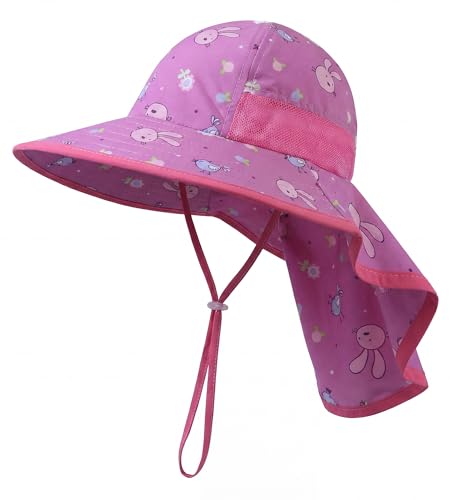 icolor Kids Sun Hat UPF50+ Sun Protection Bucket Hat Toddler Summer Beach Play Hats with Neck Flap for Girl Boy Ages 3~10 - color: Darkpink-rabbit