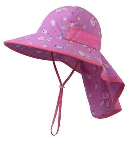 icolor Kids Sun Hat UPF50+ Sun Protection Bucket Hat Toddler Summer Beach Play Hats with Neck Flap for Girl Boy Ages 3~10 - color: Darkpink-rabbit