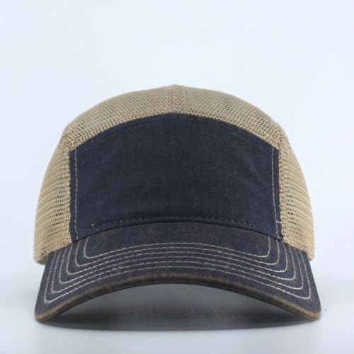 Washed Cotton Twill Five Panel Adjustable Camper Caps - color: Dirty Wash Navy/Khaki Mesh