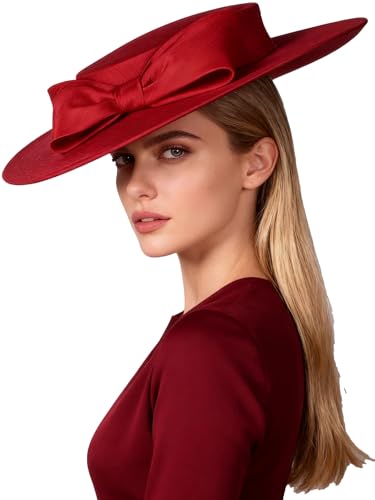 Wide Brim Hats for Women Big Bowknot Formal Occasion Kentucky Cap Lady Wedding Cocktail Party Flat Top Fedoras - color: Wine Red