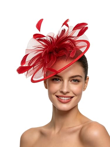 SAFERIN Women's Fascinators Feathers Tea Party Hat Veil Headband with Hair Clip for Cocktail Church - color: A-red