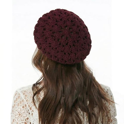 ZLYC Women Cotton Slouchy Crochet Beret Handmade Cutout Floral Beanie Hat - color: Burgundy