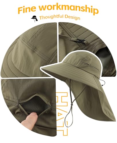 Home Prefer UPF 80+ Sun Hat for Men Women Wide Brim Sun Hat with Neck Flap Summer Beach UV Protection Gardening Fishing Hat - color: Army Green