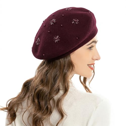 ZLYC Women French Beret Hat Reversible Knit Thickened Warm Artist Cap - color: Plain Burgundy